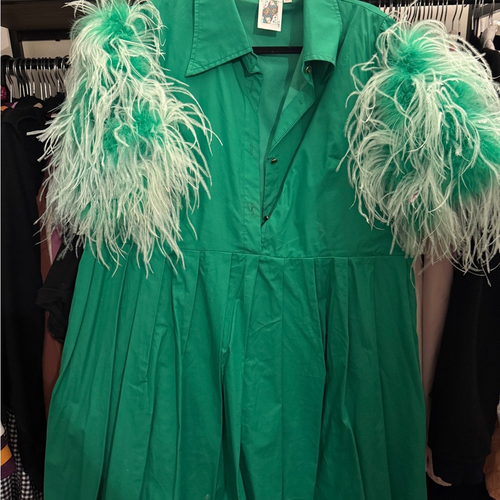 QUEEN OF SPARKLES Green Dress with Feathered Sleeves